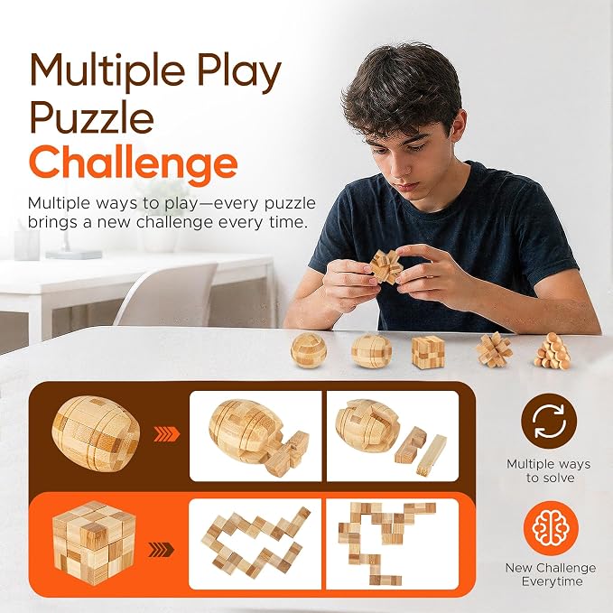 Wooden Brain Teaser Puzzles, 12pcs 3D Brain Teasers for Adults Teens Kids, Logic Mind Puzzle Box Lock Toy Removing Assembling Gift Set, Small Unique IQ Hand Puzzles