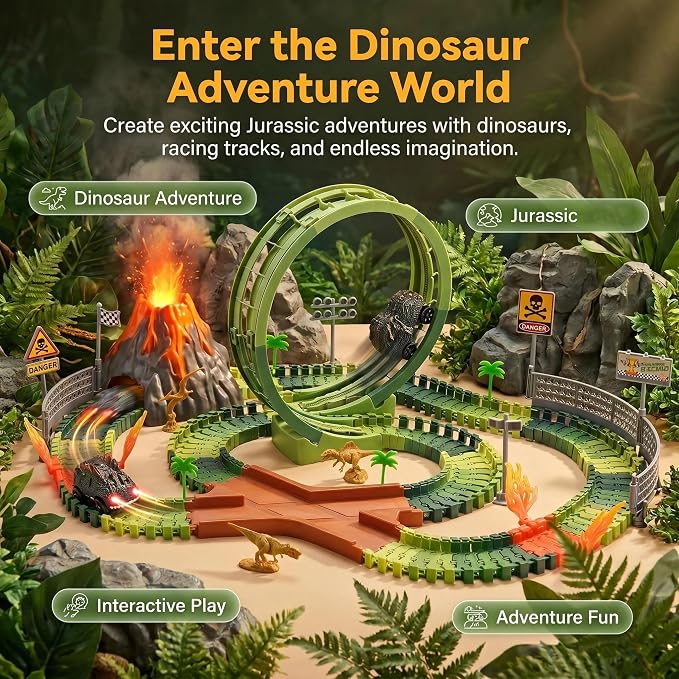 Dinosaur Race Track Toys for Boys 3-5, Flexible Car Track Set with Giant Loop, Dinosaur Adventure Race Cars Playset for Boys Age 4-7 Birthday Gifts