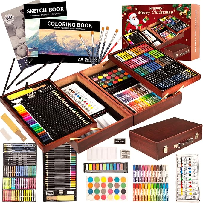 KINSPORY 168 Pack Wooden Art Set, Deluxe Painting Drawing Kit, 3 Coloring Books, Oil Pastels, Watercolor Paints, Art Crafts Supplies, Creative Gift Set for Beginners, Kids, Boys, Girls & Artists (Red)