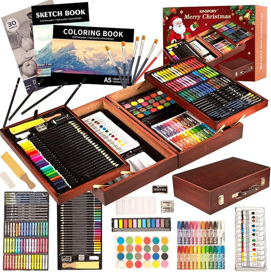 KINSPORY 168 Pack Wooden Art Set, Deluxe Painting Drawing Kit, 3 Coloring Books, Oil Pastels, Watercolor Paints, Art Crafts Supplies, Creative Gift Set for Beginners, Kids, Boys, Girls & Artists (Red)