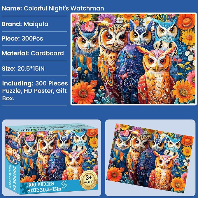 300 Pieces Puzzle for Adults | Colorful Owls Large Piece Puzzle | Recycled Cardboard Jigsaw Puzzles 300 Pieces | Challenging Game Home Decor Birthday Party Gift Toy for Adults Kids Seniors 20.5*15 in