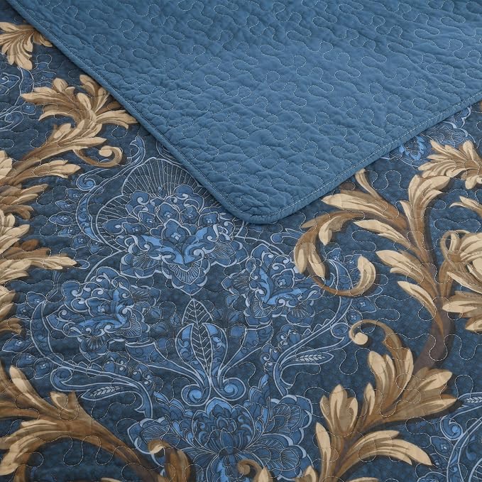 100% Cotton Classic Damask Reversible Queen Size Quilt Set, Blue and Brown | Elegant Floral Pattern, Queen Quilt with Shams, Lightweight, Scrollwork, 3 Piece Bedspread Set, All Season, 106"x98"