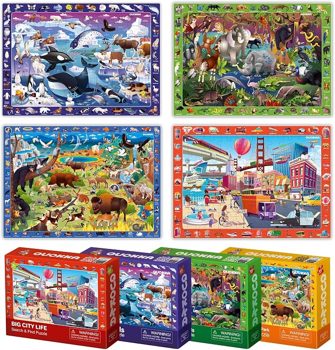 QUOKKA Puzzles for Kids Ages 4-6 - 4 x 60 Puzzles for Toddlers 5-8 - Educational Search and Find Toy for 8-10 yo for Learning Forest Polar, USA National Park Animals and City Life
