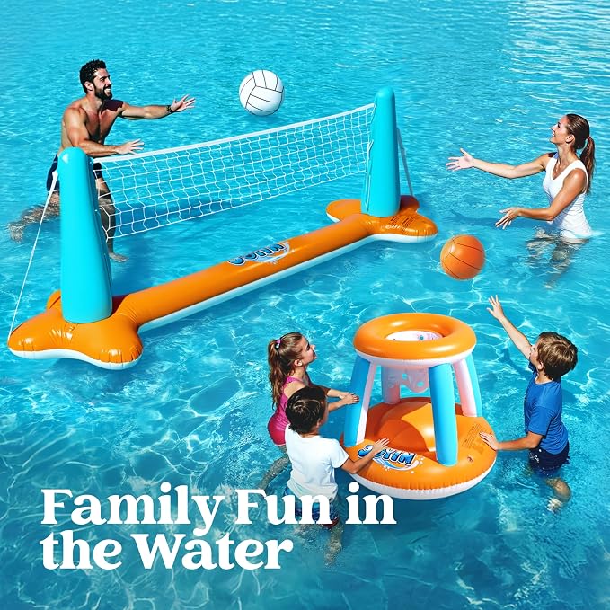 JOYIN XL Inflatable Pool Float Set, 125'' Volleyball Net & Basketball Hoops, Extra Large Floating Swimming Game Toy for Kids and Adults, Summer Floaties, Volleyball Court|Basketball, XL-Orange