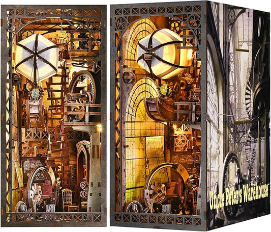 Book Nook Kit, DIY Miniature House Dollhouse Kit 3D Puzzle for Adults | Booknook Bookend Bookshelf Decor Tiny House Model Build with Airship Diorama, Gifts for Family and Friends