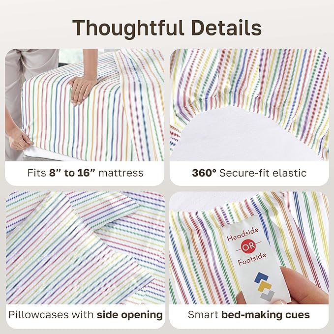 California Design Den Soft King Size 100% Cotton Sheet Sets, 400 TC Good Housekeeping Award Winner, Smooth Sateen Finish with Deep Pockets, Cozy and Durable King Bedding Set - Rainbow Stripe
