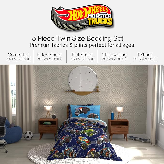 Hot Wheels x Monster Trucks Bedding Set, Twin Size 5 Piece Set Kids Super Soft Cozy Reversible Comforter and Sheet Set with Sham, (100% Officially Licensed Product) by Franco