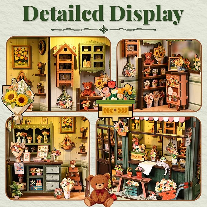 ISSEVE Florist Book Nook Kit for Adults Miniature House Kit Booknook Decor | Gifts for Book Lovers Friends Holidays, Bookshelf Insert Decor, DIY Crafts Kit,3D Wooden Puzzle, 259Pcs, 3-5 Hrs Build