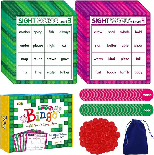 SpriteGru Sight Word Bingo Game, 120 Sight Words Learn to Read Level 3 & Level 4 Bingo Board Game Dolch's & Fry's Words Lists for Kindergarten and Preschool Kids 5+, Perfect for Classroom & At Home