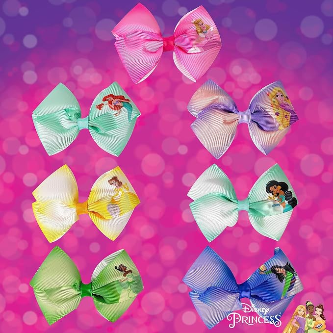 Disney Princess - Girls Hair Accessories Gift Set - Kids Hair Bows - 7 Pcs 4 Inch Bundle - Different Princess on Each Clip - Alligator Clip Ages 3+