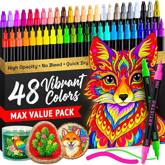ARTISTRO 48 Precision Dual-Tip Acrylic Paint Markers – Paint Pens Set with Dot & Fine Tips for Fabric, Rock, Glass, Wood, Coloring Books – Arts & Crafts Gift – Classroom Must Haves & School Supplies