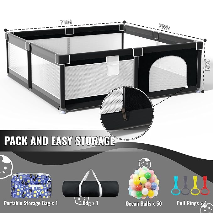 LUTIKIANG Playpen, 79" X 71" Extra Large Playpen, Play Pen for Babies and Toddlers, Kids Play Pen, Sturdy Safety Play Yard, Baby Fence with gate, Play Pin for Toddler (Black)