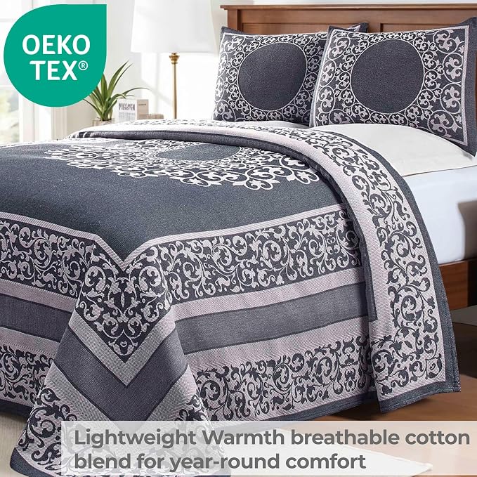 Superior Cotton Blend Bedspread Set, Includes 1 Tailored Bedspread and 2 Matching Pillow Shams, Lightweight Blanket, Bedding Decor, Jacquard Vintage Floral Mandala, Lyron Collection, Full, Denim Blue