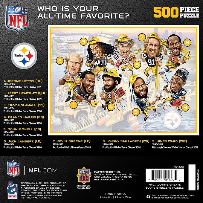 MasterPieces NFL Steelers Puzzle 500 Piece Jigsaw Puzzle, Officially Licensed Pittsburgh All Time Greats Artwork, Bold Player Caricature Design, Eco Friendly Materials, 15 x 21 Sports Collectibles