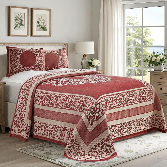 Superior Cotton Blend Bedspread Set, Includes 1 Tailored Bedspread and 1 Matching Pillow Sham, Lightweight Blanket, Bedding Decor, Jacquard Vintage Floral Mandala, Lyron Collection, Twin, Berry Red