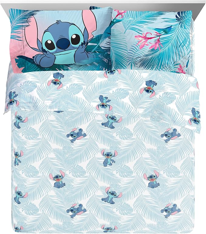 Jay Franco Disney Lilo & Stitch Floral Fun 7 Piece Queen Bed Set - Includes Reversible Comforter & Sheet Set Bedding - Super Soft Fade Resistant Microfiber - (Official Disney Product)