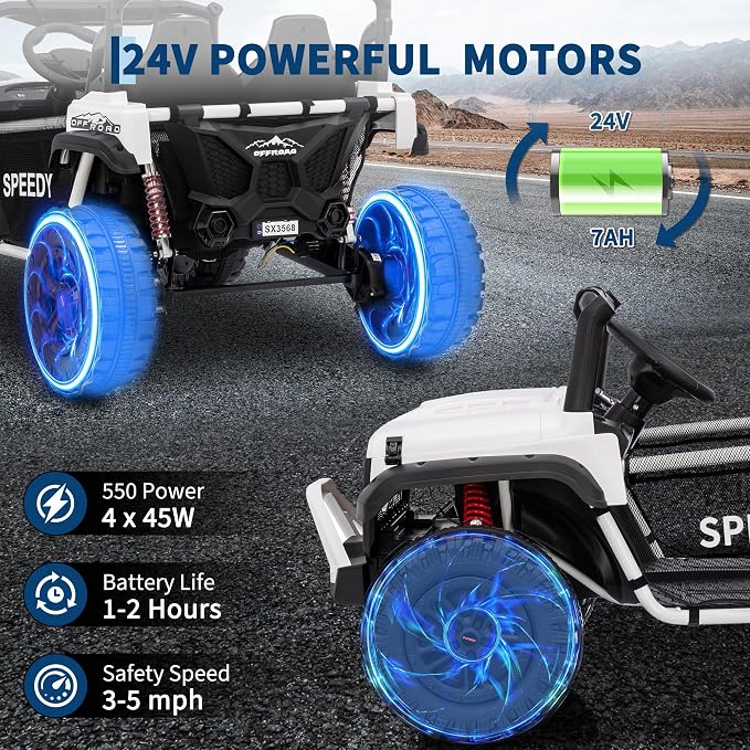Powerful 24V Ride on Car for Kids, Ride on Truck with Remote Control - 4WD Electric Car, 2 Seater UTV, Spring Suspension, Front & Behind LED Lights, Dual Storage, 3 Speeds, Music,