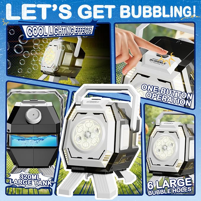 Bubble Machine for Kids with Lights, Big Bubble Maker, 320ml Large Tank, Easy-to-Use Battery Operated Bubble Blower with Bubble Solution for Parties, Birthdays, Indoor & Outdoor Play