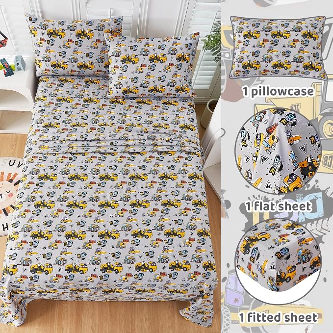 Viviland 3 Pieces Boys Grey Truck Twin Sheet Set - Soft Microfiber Fitted Flat Sheets & Pillowcase Bed Sheet Set - Heavy Duty Vehicle Print Bedding Sets for Kids