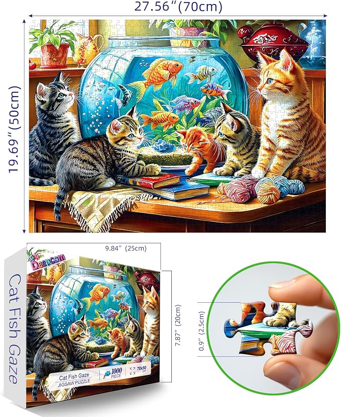 Cat Jigsaw Puzzle for Adults 1000 Piece, Colorful Kittens and Goldfish Bowl Scene, Stress-Relieving Relaxation Activity, 27.58 x 19.69 Inches