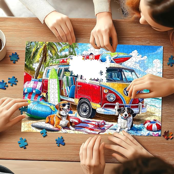1000 Piece Jigsaw Puzzle for Adults, Summer Beach Van with Dogs Theme, 27.56x19.69 Inches, Stress Relief & Home Decor
