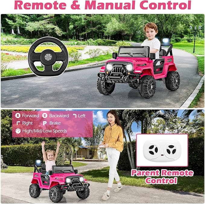 OLAKIDS Ride on Truck, 12V Battery Powered Electric Vehicle for Kids with Remote Control, Bluetooth, Power Display, LED Lights, Music Player, Ride on Toy for 3+ Boys Girls (Pink)
