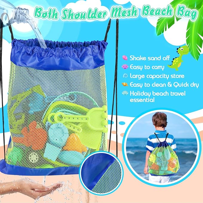 Beach Sand Toys, Sandbox Toys with 2 Dinosaur Dump Truck, Collapsible Bucket, Creative Molds, Mesh Bag, Sand Castle Play Set for Kids Ages 3-12, Outdoor Summer Beach Essentials for Building & Playing