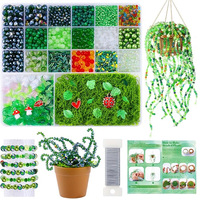 FOGWOWO 2628 Pcs Beaded Plant Kit Green Beads for Beaded Plants,Forever Plant Kit Green Glass Beads Plant Beads for Plants Making,Glass Leaf Bead for Jewelry Making DIY Crafts