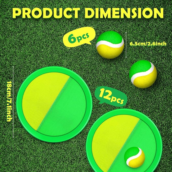 Charniol Kids Toys Toss and Catch Game Set Beach Game Outdoor Ball Sports Games Toss and Catch Ball Nylon Toys for Kids Adults(Yellow Green,12 Paddles 6 Balls)