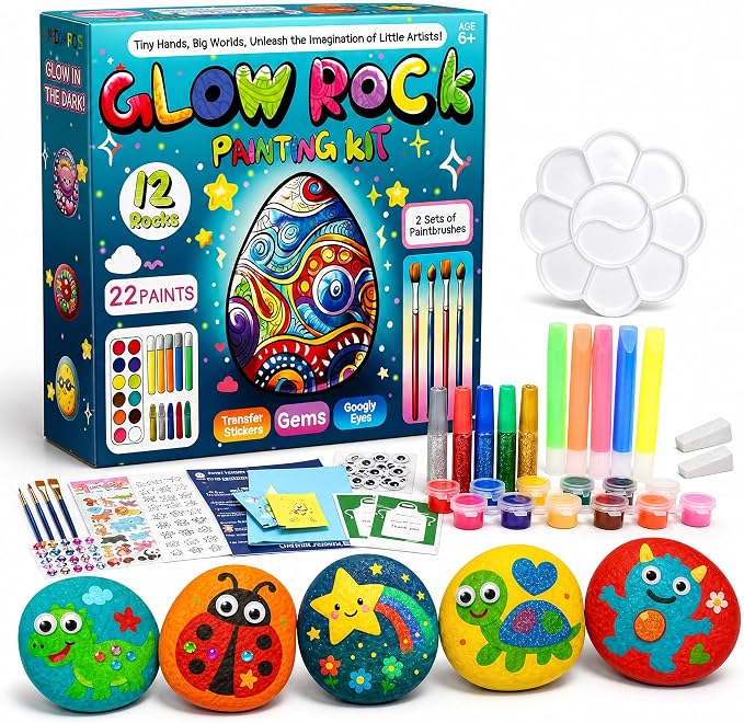 Rock Painting Kit for Kids Ages 6–12, Arts & Crafts Set, Creative Art Toys, Glow-in-the-Dark Rocks to Paint, Gifts for Birthdays & Holidays, Stocking Stuffers