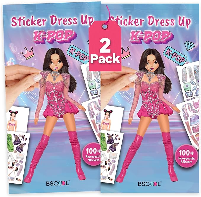 BSCOOL K-Pop Sticker Dress Up Activity Book 2-Pack for Girls Ages 5+ – 200+ Removable Stickers – K-Pop Fashion Paper Doll Books – Creative Birthday Gift for Kids
