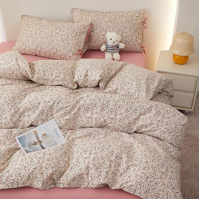 Pink Floral Comforter Set Twin XL, Aesthetic Botanical Flowers Comforter with 2 Bow Ties Pillowcases, Lightweight Cute Girls Floral Bedding Comforter Vintage Cottagecore Comforter Set for All Season