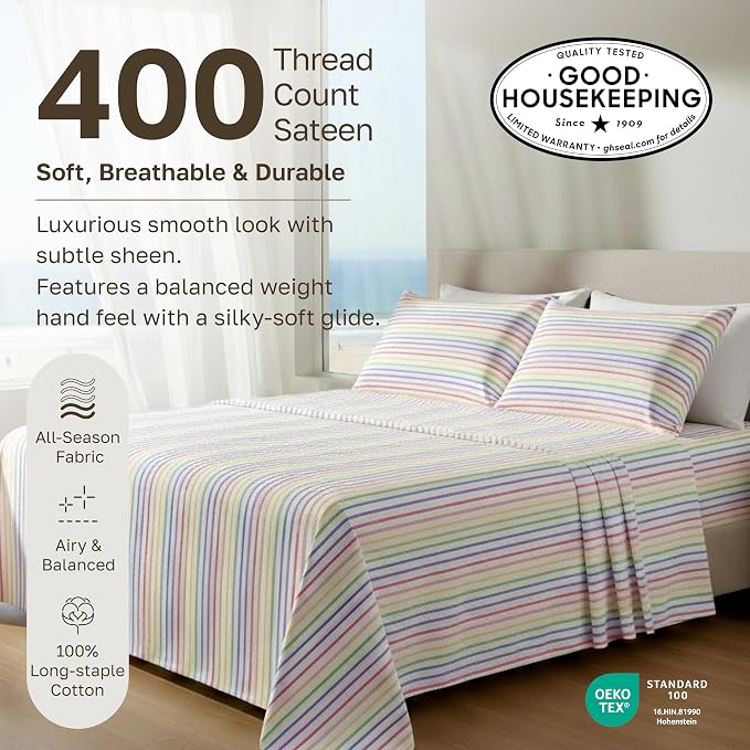 California Design Den Soft Full Size 100% Cotton Sheet Sets, 400 TC Good Housekeeping Award Winner, Smooth Sateen Finish with Deep Pockets, Cozy and Durable Full Bedding Set - Rainbow Stripe