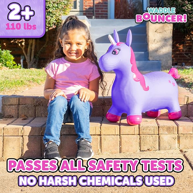 Waddle Bouncy Animal Hopper - Inflatable Hopping Animals, Indoors and Outdoors Fun, Pump Included, Riding Toys for Boys and Girls Ages 2 Years and Up, Purple Pink Unicorn