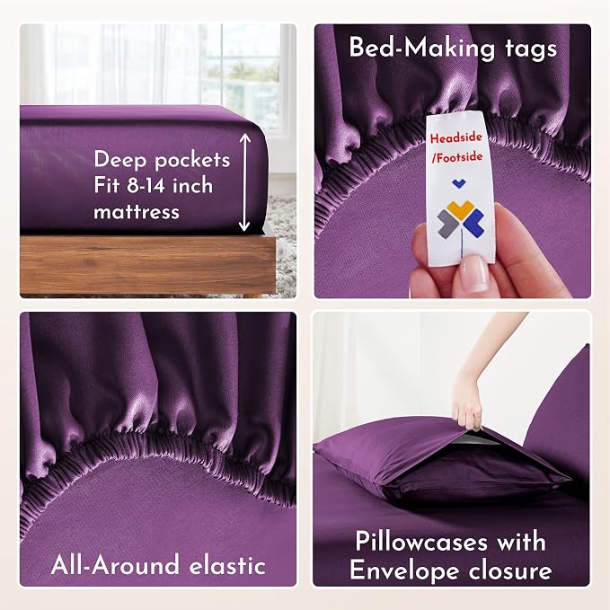 California Design Den Natural 100% Cotton Sheets Full Size Bed Set - Soft Sateen Weave, Fully Elasticized Deep Pocket Sheet Set, Breathable and Durable Bedding - Purple Passion