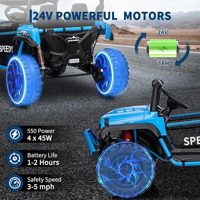 Powerful 24V Ride on Car for Kids, Ride on Truck with Remote Control - 4WD Electric Car, 2 Seater UTV, Spring Suspension, Front & Behind LED Lights, Dual Storage, 3 Speeds, Music,