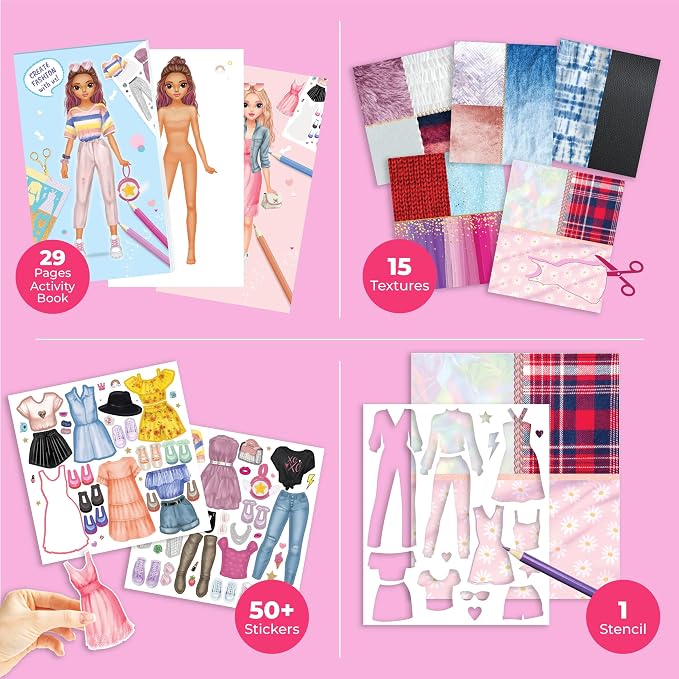 BSCOOL Fashion Studio Dress Up, Drawing, Coloring. Little Designer Creativity Book for Kids 4 and Up with Stickers, Stencils, Textures - Creative Fashion Design Sketchbook for Girls.