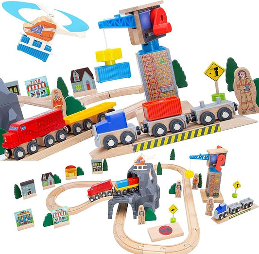 Wooden Train Set Kids Lift & Load Magnetic Crane Helicopter Semi Truck Shipping Containers Diesel Engine STEM Construction Playset Compatible with Thomas Brio Wooden Railway Toy for Toddlers Starter