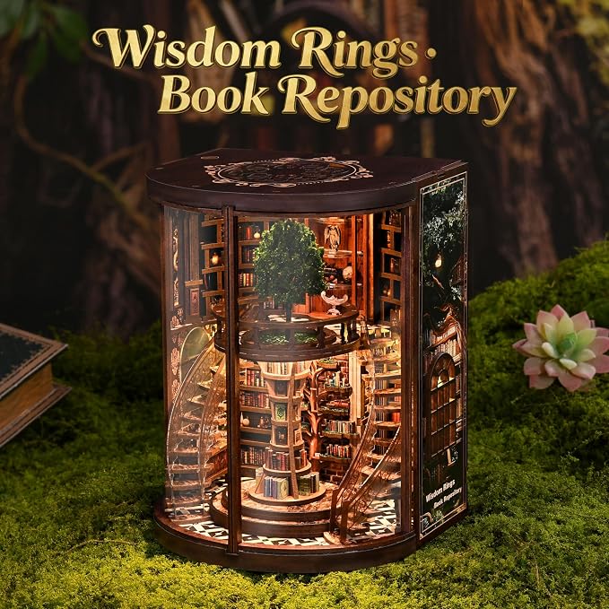 POP JOY DIY Book Nook Kit with LED Light, Fantasy Tree Library Miniature Dollhouse 3D Wooden Puzzle Bookshelf Insert, DIY Book Nook Bookshelf Decor for Adults Teens Book Lovers Gift