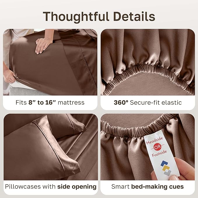 CALIFORNIA DESIGN DEN Soft 100% Cotton Bed Sheets King Size Set, 400 Thread Count Good Housekeeping Award Winner, Silky Smooth Sateen, Durable Deep Pocket King Bed Sheet Set - Espresso Chocolate Brown