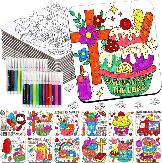 24 Sets Religious Sunday School Crafts for Kids Bulk, Christian VBS Craft Puzzle Ice Cream Bible Jesus Loves, Summer DIY Arts for Classroom Activities, Back to School gifts, Coloring Games Supplies