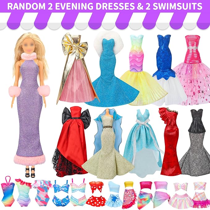 Style Shine Doll Clothes and Accessories Kit,4 Wedding Gowns 2 Evening Dresses 8 Fashion Dresses 6 Set Casual Outfit Top and Pant 2 Swimsuit,18 Hanger 10 Shoe 20 Accessories Toys for Girls Kid Gift