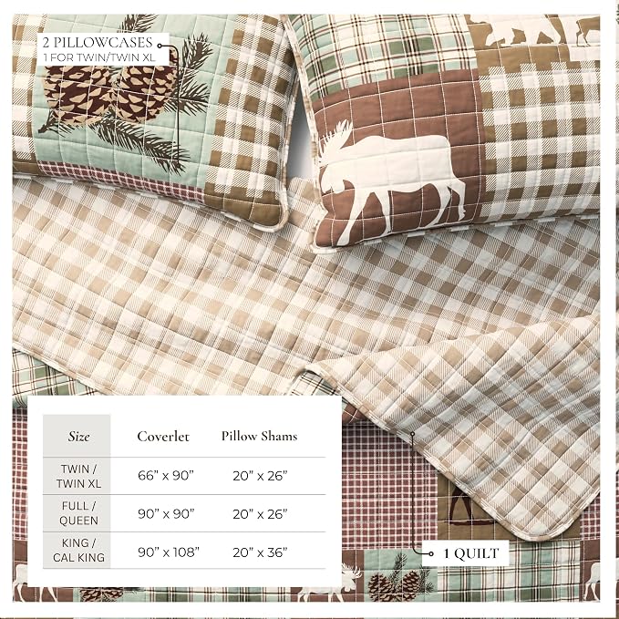 Great Bay Home Lodge Quilt Set - 3-Piece Full/Queen Size Rustic Bedding Set - Lightweight, All-Season, Reversible Bedspread (Hemlock Green/Brown)