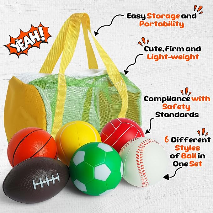 Billeeit Mini Sports Balls Set for Toddler 1-3, Sports Bag for Kids, Include 1 Each of 3.5" Foam Soccer, Tennis Ball, Basketball, Football, Baseball, Volleyball, Fun Baby Ball Toys, Set of 6