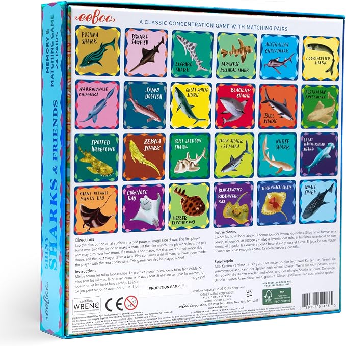eeBoo: Memory & Matching Game- Shiny Sharks & Friends - 24 Matching Pairs, Educational Preschool Game, Kids Ages 3+, 1-4 Players