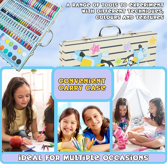 Bluey Colored Pencils Art Supplies for Boys Girls Drawing Kit Painting School Supplies Art Kit Travel Case Gifts for Kids (Blue Case)