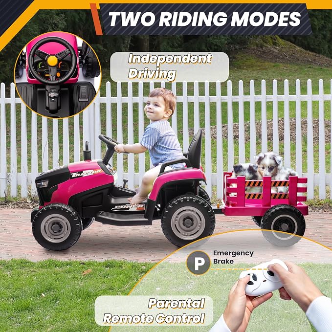 JOYRACER 24V Ride On Tractor for Kids, Electric Ride on Toys w/400W Motors, Tiltable & Detachable Trailer, Adjustable Seat, Bluetooth, Music, Remote Control Electric Tractor for Kids, Pink