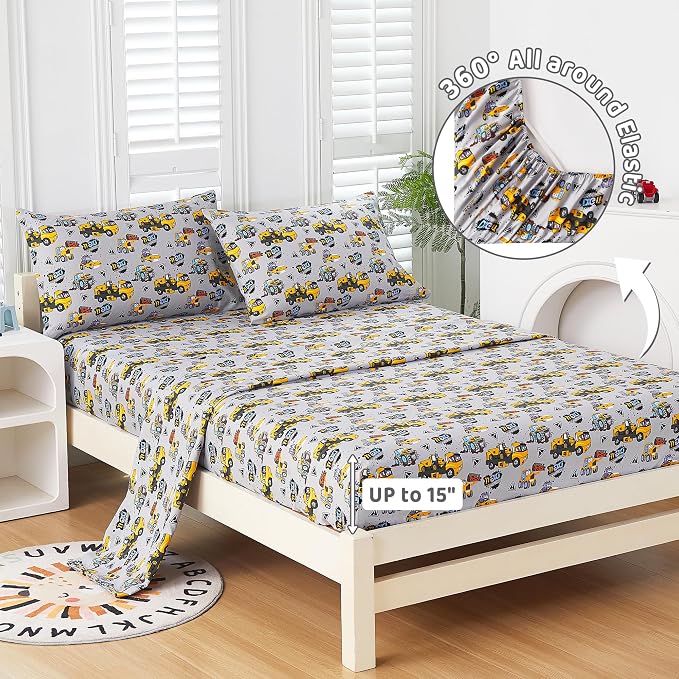 Viviland 3 Pieces Boys Grey Truck Twin Sheet Set - Soft Microfiber Fitted Flat Sheets & Pillowcase Bed Sheet Set - Heavy Duty Vehicle Print Bedding Sets for Kids