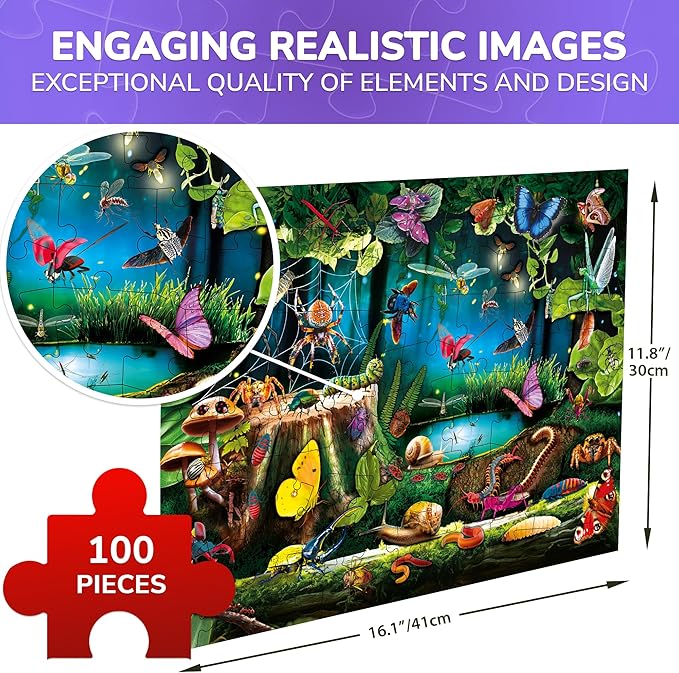 QUOKKA 100 Piece Puzzles for Kids Ages 4-6 – Floor Kids Puzzles Ages 6-8 Year Old – Toy for Learning Forest Bugs for 8-10 yo – Jigsaw Toddler Game for Boy and Girl Age 3-5