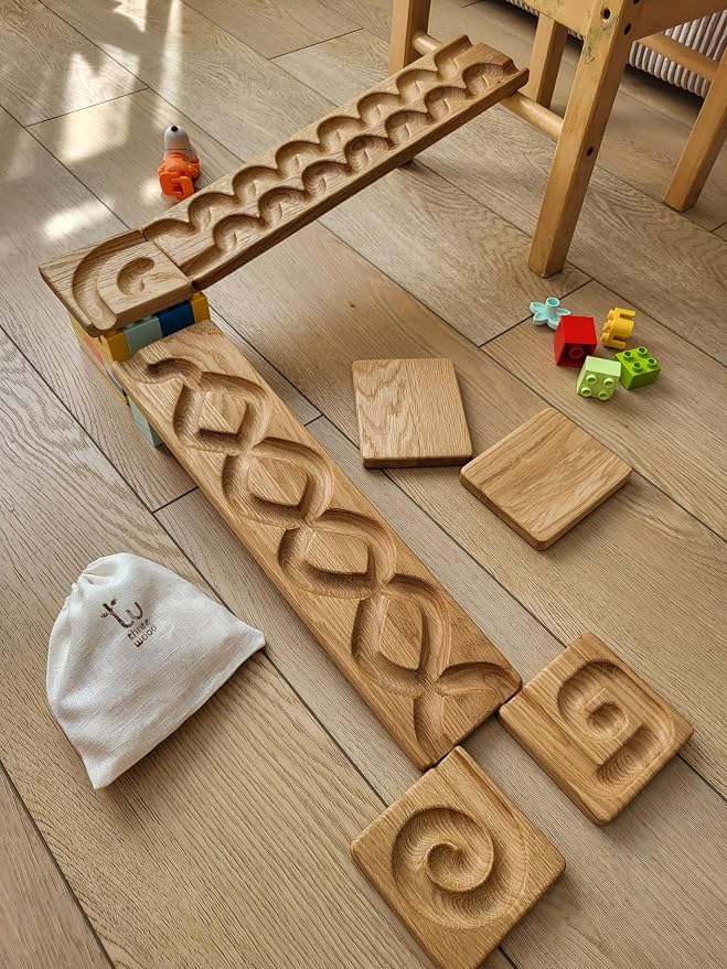 Wooden Marble Run Track Set of 2 Wind+Whirlpol Race Machine Set Wooden Maze Board Ball Run Montessori STEM Toy Gift for Kids Marble Wave Course Winding Roller Track Game (Wind+Whirlpol)